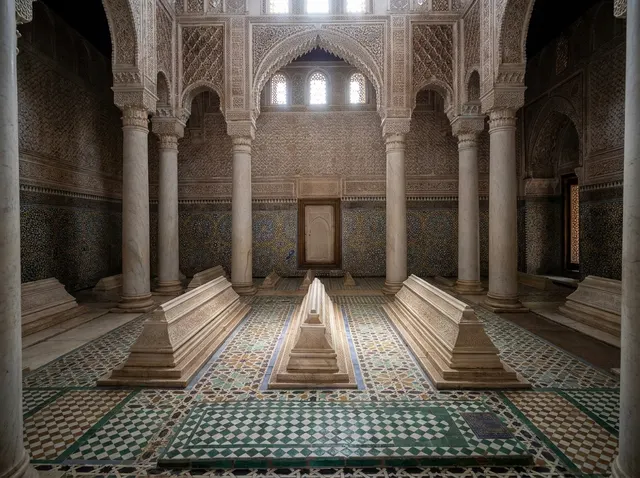 The burial chamber in full symmetry: marble tombs on a zellige floor between columns, beneath arched windows