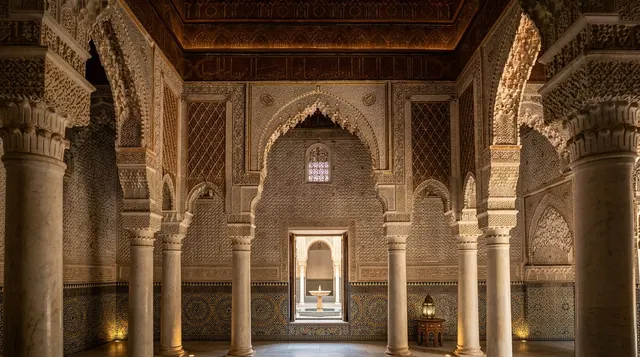 The columned chamber looking through an open doorway to a marble fountain in the courtyard beyond
