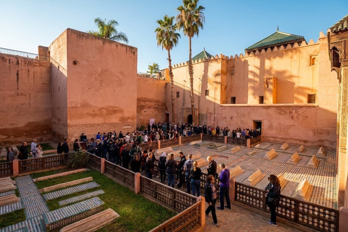 Visitors in the walled courtyard near the entrance to the Saadian Tombs