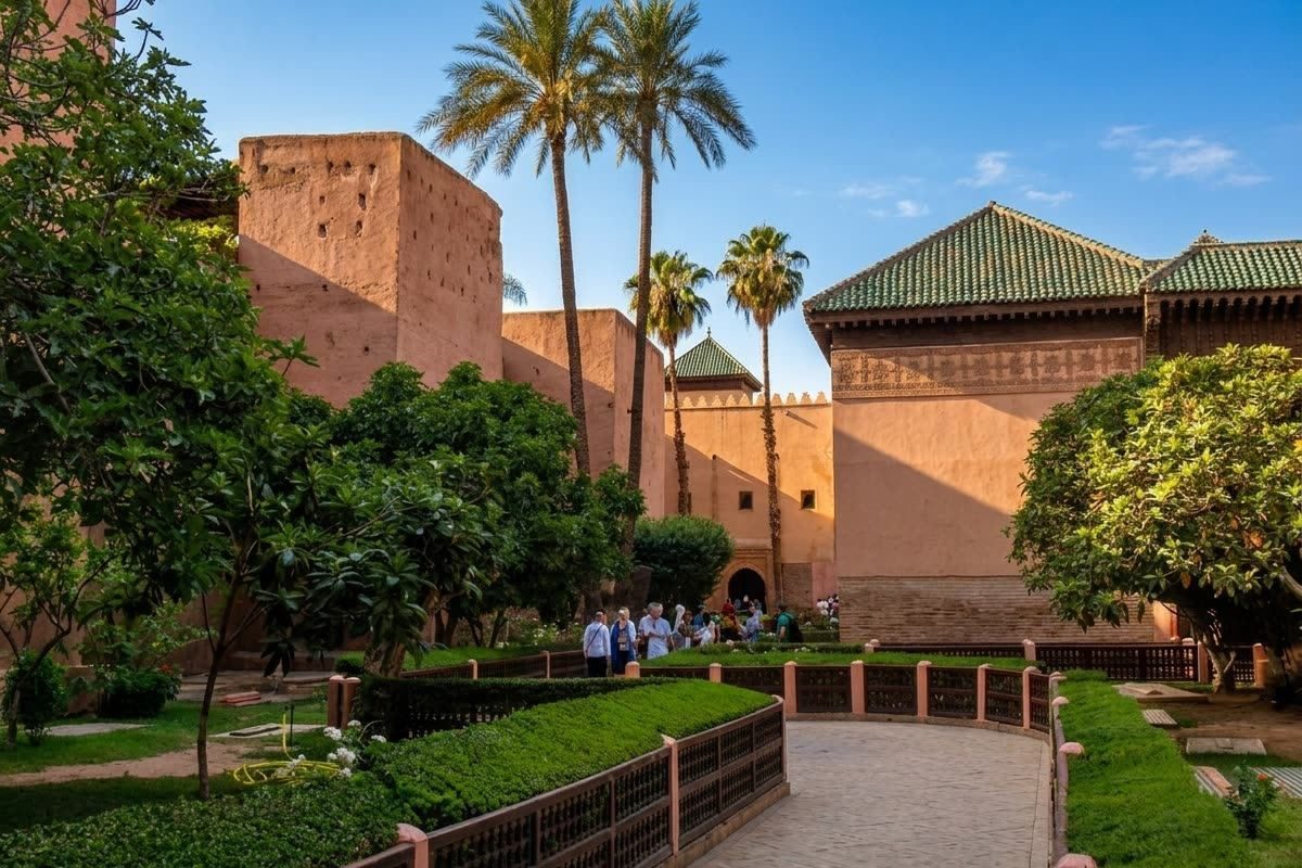 Garden and ramparts of the Saadian Tombs complex in the Kasbah of Marrakech