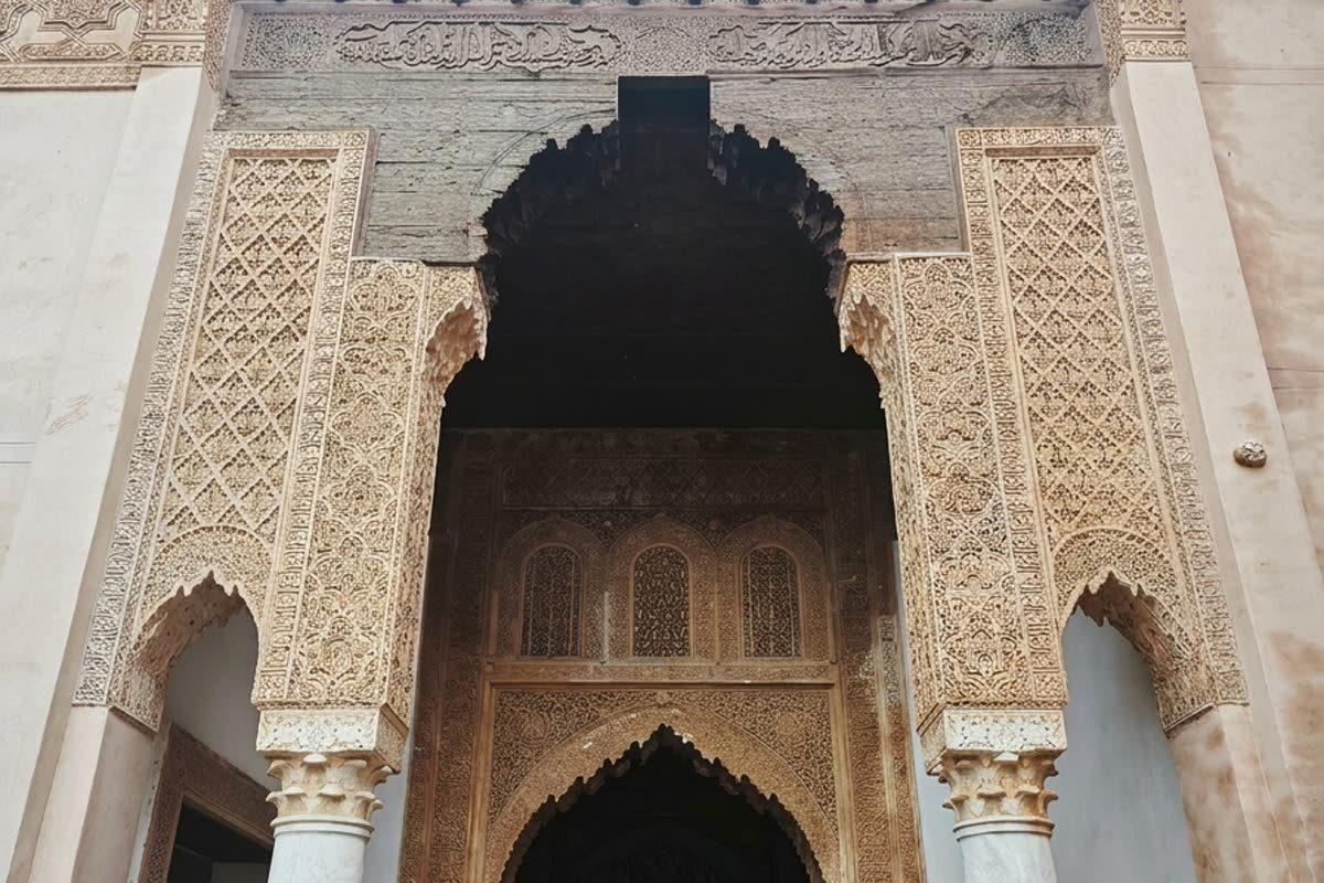 Facciata esterna e arco d'ingresso delle Tombe Saadiane accanto alla Moschea della Kasbah