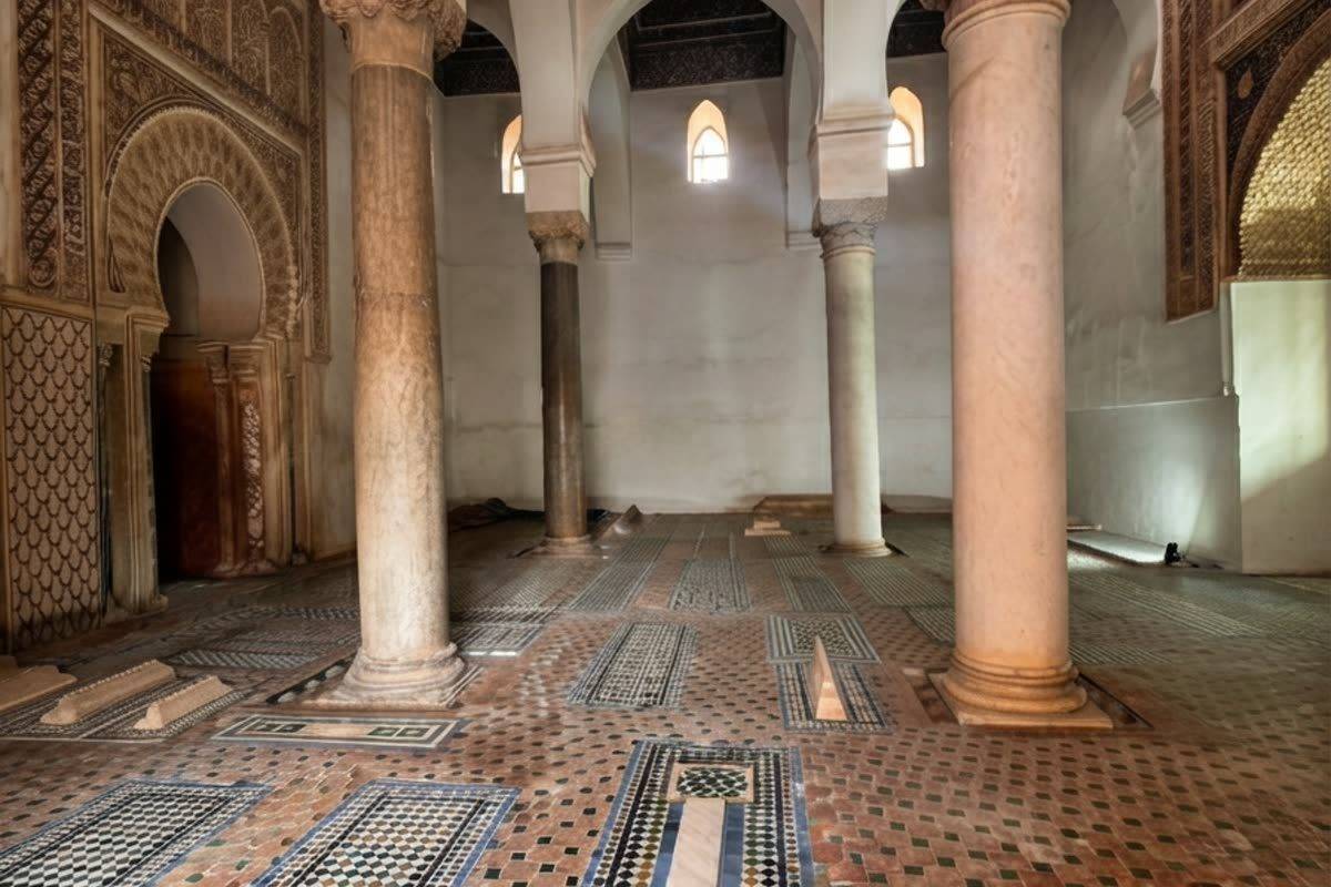 Marble columns and patterned floor of an interior chamber at the Saadian Tombs