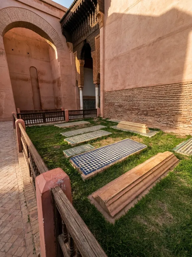 Tiled graves on grass against the old brick and pisé wall, beside the carved portico