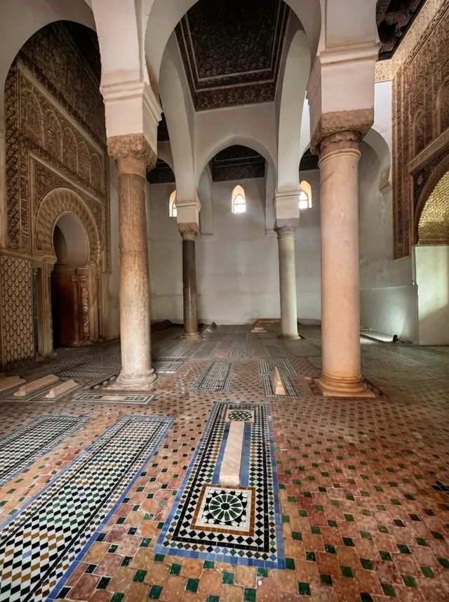 The Chamber of the Three Niches, its columns and arches above a floor of patterned zellige
