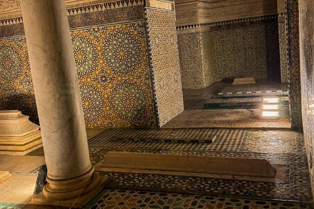 Zellige-tiled marble tombstones at the Saadian Tombs